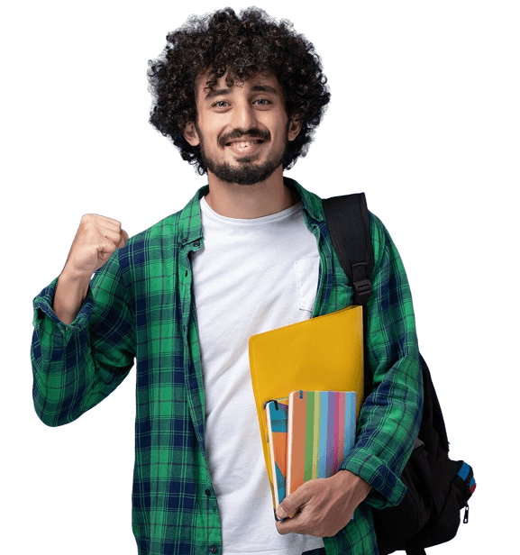 Student holding colorful books and wearing a backpack